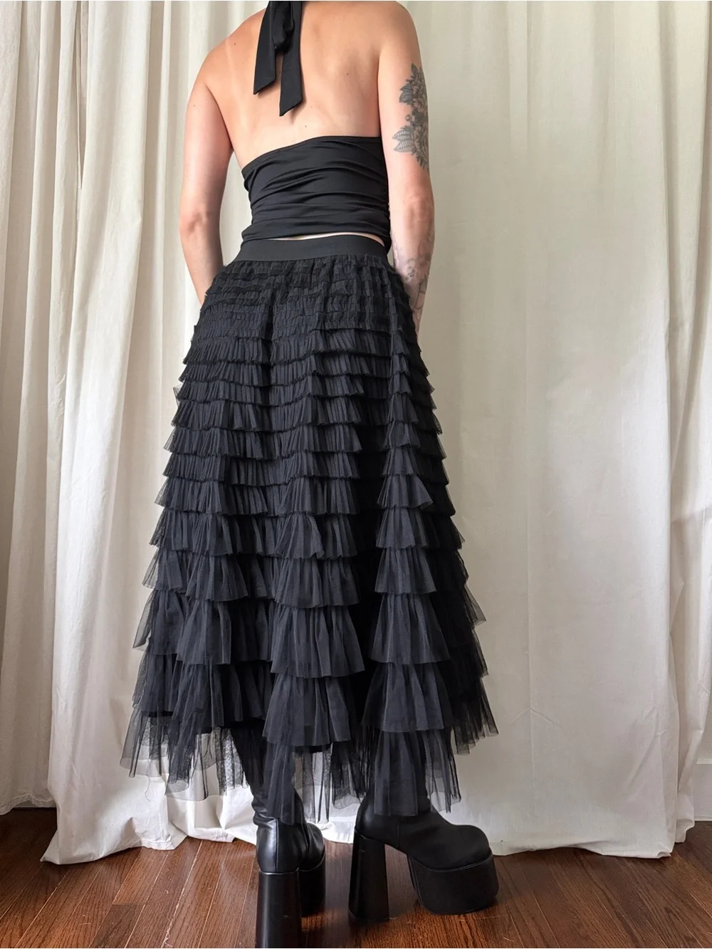 Black Tiered Ruffle Maxi Skirt Size Women's Size Large | Goth Avant Garde
